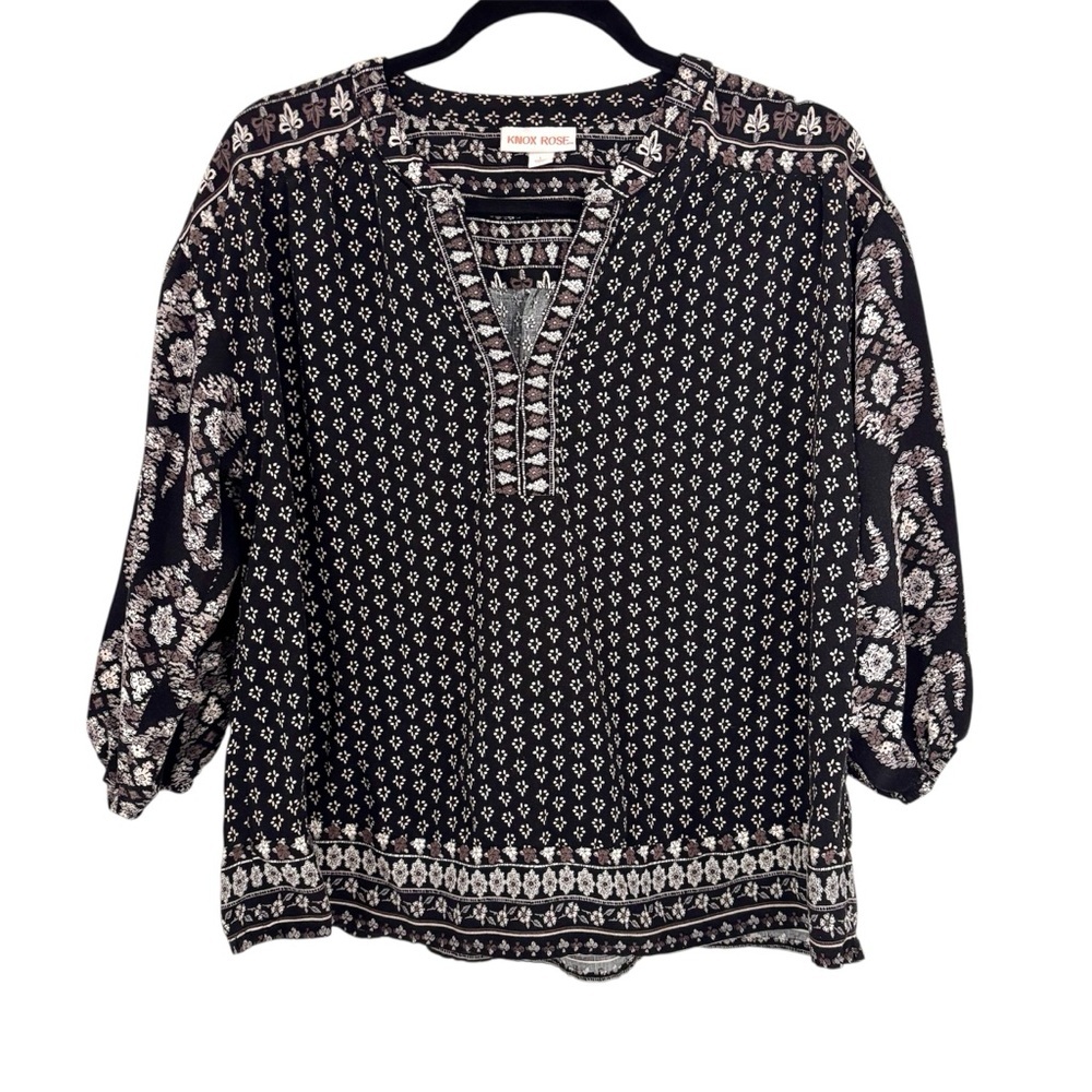 Knox Rose Black and Cream Boho Patterned Blouse Sz Large - Picture 2 of 8